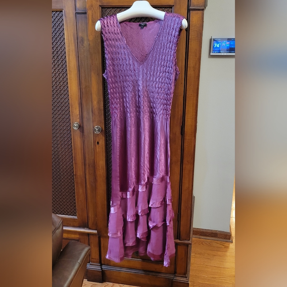 Komarov | Mauve Pink Crinkle and Ruffle Midi Maxi Dress Wedding - Size Large